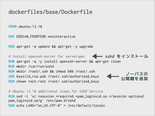 dockerfiles/base/Dockerfile
FROM ubuntu:13.10
!
ENV DEBIAN_FRONTEND noninteractive
!
RUN apt-get -q update && apt-get -y upgrade
!
# Install openssh-server for serverspec
sshd をインストール
RUN apt-get -q -y install openssh-server && apt-get clean
RUN mkdir /var/run/sshd
RUN mkdir /root/.ssh && chmod 600 /root/.ssh
ノーパスの
ADD keys/id_rsa.pub /root/.ssh/authorized_keys
公開鍵を追加
RUN chown root:root /root/.ssh/authorized_keys
!
# Ubuntu 13.10 additional steps for SSHD Service
RUN sed -i 's/.*session.*required.*pam_loginuid.so.*/session optional
pam_loginuid.so/g' /etc/pam.d/sshd
RUN echo LANG="en_US.UTF-8" > /etc/default/locale

 
