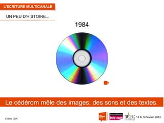 L'ECRITURE MULTICANALE

UN PEU D'HISTOIRE...

1984

Le cédérom mêle des images, des sons et des textes.
Crédits | DR

13 & 14 février 2013

 