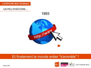 L'ECRITURE MULTICANALE

UN PEU D'HISTOIRE...

1993

Et finalement le monde entier "s'emmêle" !
Crédits | DR

13 & 14 février 2013

 