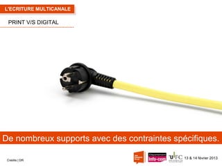 L'ECRITURE MULTICANALE

PRINT V/S DIGITAL

De nombreux supports avec des contraintes spécifiques.
Crédits | DR

13 & 14 février 2013

 