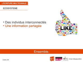 L'ECRITURE MULTICANALE

ECOSYSTEME

• Des individus interconnectés
• Une information partagée

Ensemble.
Crédits | DR

13 & 14 février 2013

 