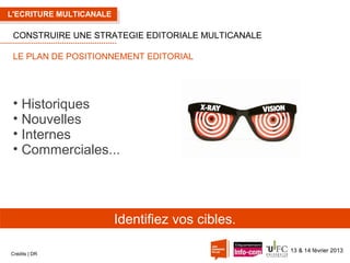 L'ECRITURE MULTICANALE

CONSTRUIRE UNE STRATEGIE EDITORIALE MULTICANALE
LE PLAN DE POSITIONNEMENT EDITORIAL

• Historiques
• Nouvelles
• Internes
• Commerciales...

Identifiez vos cibles.
Crédits | DR

13 & 14 février 2013

 