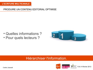 L'ECRITURE MULTICANALE

PRODUIRE UN CONTENU EDITORIAL OPTIMISE

• Quelles informations ?
• Pour quels lecteurs ?

Hiérarchiser l'information.
Crédits | Ideawell

13 & 14 février 2013

 