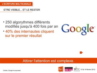 L'ECRITURE MULTICANALE

ETRE VISIBLE... ET LE RESTER

• 250 algorythmes différents
modifiés jusqu'à 400 fois par an
• 40% des internautes cliquent
sur le premier résultat

Attirer l'attention est complexe.
Crédits | Google Incorporated

13 & 14 février 2013

 