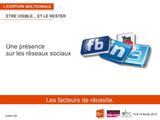 L'ECRITURE MULTICANALE

ETRE VISIBLE... ET LE RESTER

Une présence
sur les réseaux sociaux

Les facteurs de réussite.
Crédits | DR

13 & 14 février 2013

 
