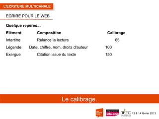L'ECRITURE MULTICANALE

ECRIRE POUR LE WEB
Quelque repères...
Elément

Composition

Intertitre

Relance la lecture

Légende
Exergue

Calibrage

Date, chiffre, nom, droits d'auteur
Citation issue du texte

65
100
150

Le calibrage.
13 & 14 février 2013

 
