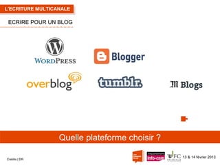 L'ECRITURE MULTICANALE

ECRIRE POUR UN BLOG

Quelle plateforme choisir ?
Crédits | DR

13 & 14 février 2013

 
