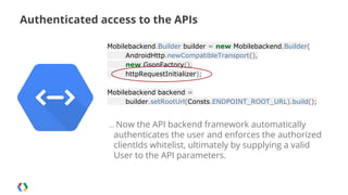 Authenticated access to the APIs
Mobilebackend.Builder builder = new Mobilebackend.Builder(
AndroidHttp.newCompatibleTransport(),
new GsonFactory(),
httpRequestInitializer);
Mobilebackend backend =
builder.setRootUrl(Consts.ENDPOINT_ROOT_URL).build();
… Now

the API backend framework automatically
authenticates the user and enforces the authorized
clientIds whitelist, ultimately by supplying a valid
User to the API parameters.

 
