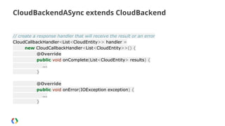 CloudBackendASync extends CloudBackend
// create a response handler that will receive the result or an error
CloudCallbackHandler<List<CloudEntity>> handler =
new CloudCallbackHandler<List<CloudEntity>>() {
@Override
public void onComplete(List<CloudEntity> results) {
...
}
@Override
public void onError(IOException exception) {
...
}

 