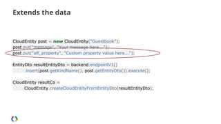 Extends the data

CloudEntity post = new CloudEntity("Guestbook");
post.put("message", "Your message here...");
post.put("alf_property", "Custom property value here...");
EntityDto resultEntityDto = backend.endpointV1()
.insert(post.getKindName(), post.getEntityDto()).execute();
CloudEntity resultCo =
CloudEntity.createCloudEntityFromEntityDto(resultEntityDto);

 