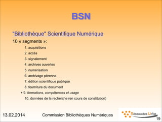 13.02.2014 Commission Bibliothèques Numériques
!19
BSN
"Bibliothèque" Scientifique Numérique
10 « segments »:
1. acquisitions
2. accès
3. signalement
4. archives ouvertes
5. numérisation
6. archivage pérenne
7. édition scientifique publique
8. fourniture du document
+ 9. formations, compétences et usage
10. données de la recherche (en cours de constitution)
!
 