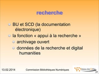 13.02.2014 Commission Bibliothèques Numériques
!31
recherche
BU et SCD (la documentation
électronique)
la fonction « appui à la recherche »
archivage ouvert
données de la recherche et digital
humanities
 