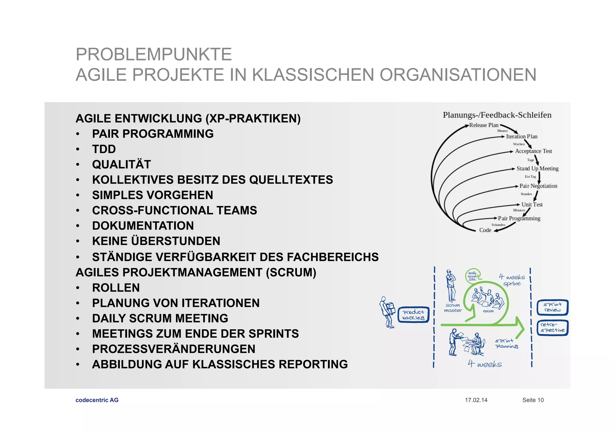 PROBLEMPUNKTE
AGILE PROJEKTE IN KLASSISCHEN ORGANISATIONEN
AGILE ENTWICKLUNG (XP-PRAKTIKEN)
•  PAIR PROGRAMMING
•  TDD
•  QUALITÄT
•  KOLLEKTIVES BESITZ DES QUELLTEXTES
•  SIMPLES VORGEHEN
•  CROSS-FUNCTIONAL TEAMS
•  DOKUMENTATION
•  KEINE ÜBERSTUNDEN
•  STÄNDIGE VERFÜGBARKEIT DES FACHBEREICHS
AGILES PROJEKTMANAGEMENT (SCRUM)
•  ROLLEN
•  PLANUNG VON ITERATIONEN
•  DAILY SCRUM MEETING
•  MEETINGS ZUM ENDE DER SPRINTS
•  PROZESSVERÄNDERUNGEN
•  ABBILDUNG AUF KLASSISCHES REPORTING
codecentric AG

17.02.14

Seite 10

 