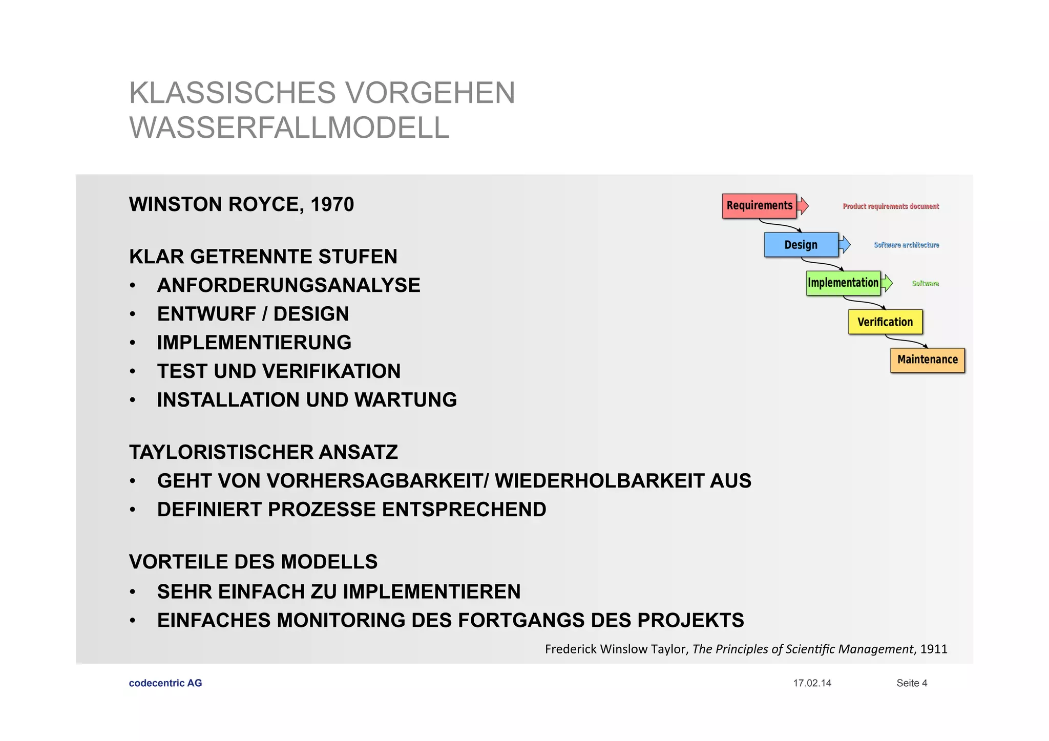 KLASSISCHES VORGEHEN
WASSERFALLMODELL
WINSTON ROYCE, 1970
KLAR GETRENNTE STUFEN
•  ANFORDERUNGSANALYSE
•  ENTWURF / DESIGN
•  IMPLEMENTIERUNG
•  TEST UND VERIFIKATION
•  INSTALLATION UND WARTUNG
TAYLORISTISCHER ANSATZ
•  GEHT VON VORHERSAGBARKEIT/ WIEDERHOLBARKEIT AUS
•  DEFINIERT PROZESSE ENTSPRECHEND
VORTEILE DES MODELLS
•  SEHR EINFACH ZU IMPLEMENTIEREN
•  EINFACHES MONITORING DES FORTGANGS DES PROJEKTS
Frederick	
  Winslow	
  Taylor,	
  The	
  Principles	
  of	
  Scien0ﬁc	
  Management,	
  1911	
  
codecentric AG

17.02.14

Seite 4

 
