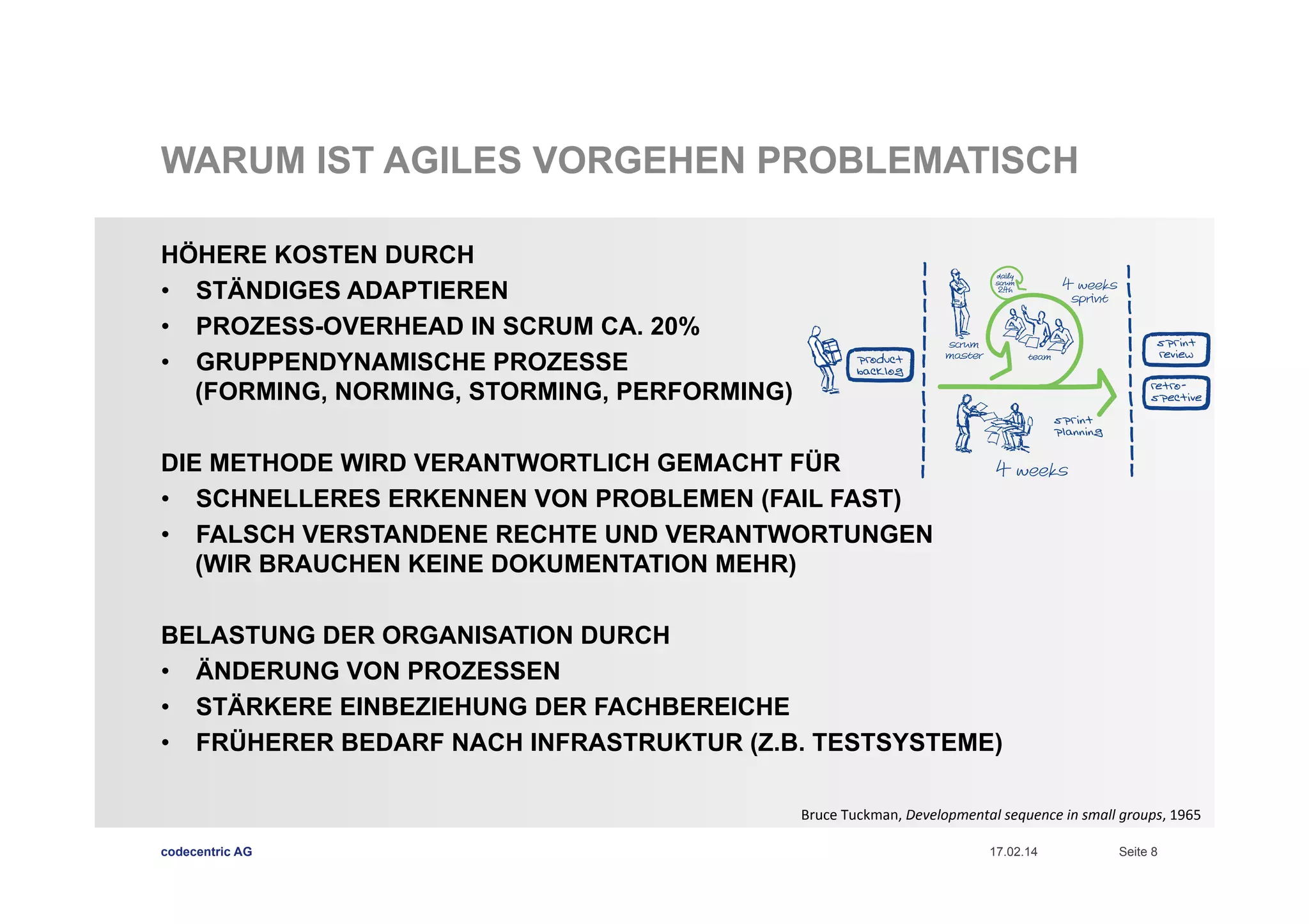 WARUM IST AGILES VORGEHEN PROBLEMATISCH
HÖHERE KOSTEN DURCH
•  STÄNDIGES ADAPTIEREN
•  PROZESS-OVERHEAD IN SCRUM CA. 20%
•  GRUPPENDYNAMISCHE PROZESSE
(FORMING, NORMING, STORMING, PERFORMING)
DIE METHODE WIRD VERANTWORTLICH GEMACHT FÜR
•  SCHNELLERES ERKENNEN VON PROBLEMEN (FAIL FAST)
•  FALSCH VERSTANDENE RECHTE UND VERANTWORTUNGEN
(WIR BRAUCHEN KEINE DOKUMENTATION MEHR)
BELASTUNG DER ORGANISATION DURCH
•  ÄNDERUNG VON PROZESSEN
•  STÄRKERE EINBEZIEHUNG DER FACHBEREICHE
•  FRÜHERER BEDARF NACH INFRASTRUKTUR (Z.B. TESTSYSTEME)
Bruce	
  Tuckman,	
  Developmental	
  sequence	
  in	
  small	
  groups,	
  1965	
  
codecentric AG

17.02.14

Seite 8

 