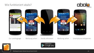 Wie funktioniert abalo?

Zur Landingpage -

Werbung sehen - Handy aktivieren - Werbung sehen -

Mediapack abalo Media Deutschland GmbH

Smartphone entsperren

10

 