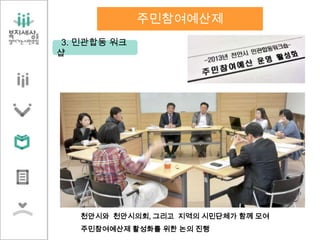 3. 민관합동 워크
샵
주민참여예산제
천안시와 천안시의회, 그리고 지역의 시민단체가 함께 모여
주민참여예산제 활성화를 위한 논의 진행
 