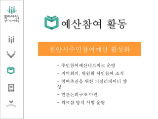 천안시주민참여예산 활성화
- 주민참여예산네트워크 운영
- 지역회의, 위원회 시민참여 조직
- 참여촉진을 위한 퍼실리테이터 양
성
- 민관논의구조 마련
- 워크샵 방식 시범 운영
 
