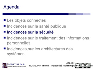 NUMELINK Théma - Incidences technologiques des objets con
Diaposi
tive 11
STRUCT-IT SASU
regis.casteran@struct-it.fr
Agenda
 Les objets connectés
 Incidences sur la santé publique
 Incidences sur la sécurité
 Incidences sur le traitement des informations
personnelles
 Incidences sur les architectures des
systèmes
 