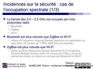 NUMELINK Théma - Incidences technologiques des objets con
Diaposi
tive 12
STRUCT-IT SASU
regis.casteran@struct-it.fr
Incidences sur la sécurité : cas de
l’occupation spectrale (1/3)
 La bande des 2,4 – 2,5 GHz est occupée par trois
protocoles radio:
 Bluetooth
 ZigBee
 Wi-Fi
 Bluetooth est plus robuste que ZigBee et Wi-Fi
 Utilise le Frequency Hopping Spread Spectrum en permettant un
saut entre 79 canaux de 1 MHz 1600 fois par seconde
 ZigBee est plus robuste que Wi-Fi
 Utilise le Direct Sequence Spread Spectrum et la Frequency
Division Multiple Access entre 16 canaux de 2 MHz, ce qui lui
permet de choisir un canal non occupé par Bluetooth et Wi-Fi
 