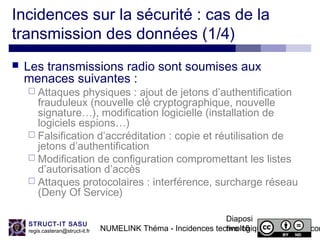 NUMELINK Théma - Incidences technologiques des objets con
Diaposi
tive 15
STRUCT-IT SASU
regis.casteran@struct-it.fr
Incidences sur la sécurité : cas de la
transmission des données (1/4)
 Les transmissions radio sont soumises aux
menaces suivantes :
 Attaques physiques : ajout de jetons d’authentification
frauduleux (nouvelle clé cryptographique, nouvelle
signature…), modification logicielle (installation de
logiciels espions…)
 Falsification d’accréditation : copie et réutilisation de
jetons d’authentification
 Modification de configuration compromettant les listes
d’autorisation d’accès
 Attaques protocolaires : interférence, surcharge réseau
(Deny Of Service)
 
