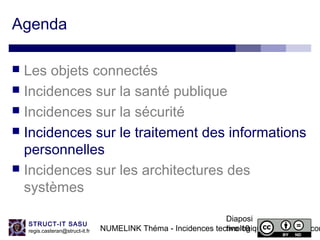 NUMELINK Théma - Incidences technologiques des objets con
Diaposi
tive 19
STRUCT-IT SASU
regis.casteran@struct-it.fr
Agenda
 Les objets connectés
 Incidences sur la santé publique
 Incidences sur la sécurité
 Incidences sur le traitement des informations
personnelles
 Incidences sur les architectures des
systèmes
 
