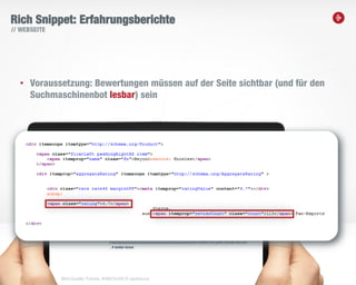 13
Rich Snippet: Erfahrungsberichte
• Voraussetzung: Bewertungen müssen auf der Seite sichtbar (und für den
Suchmaschinenbot lesbar) sein
// WEBSEITE
Bild-Quelle: Fotolia, #46675429 © peshkova
 