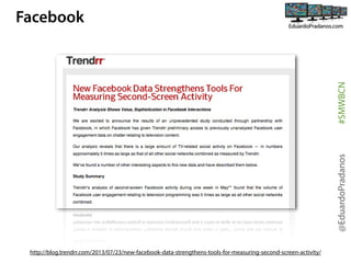 @EduardoPradanos

#SMWBCN

Facebook

http://blog.trendrr.com/2013/07/23/new-facebook-data-strengthens-tools-for-measuring-second-screen-activity/

 