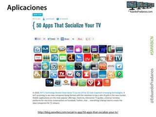 @EduardoPradanos

#SMWBCN

Aplicaciones

http://blog.seevibes.com/social-tv-app/50-apps-that-socialize-your-tv/

 