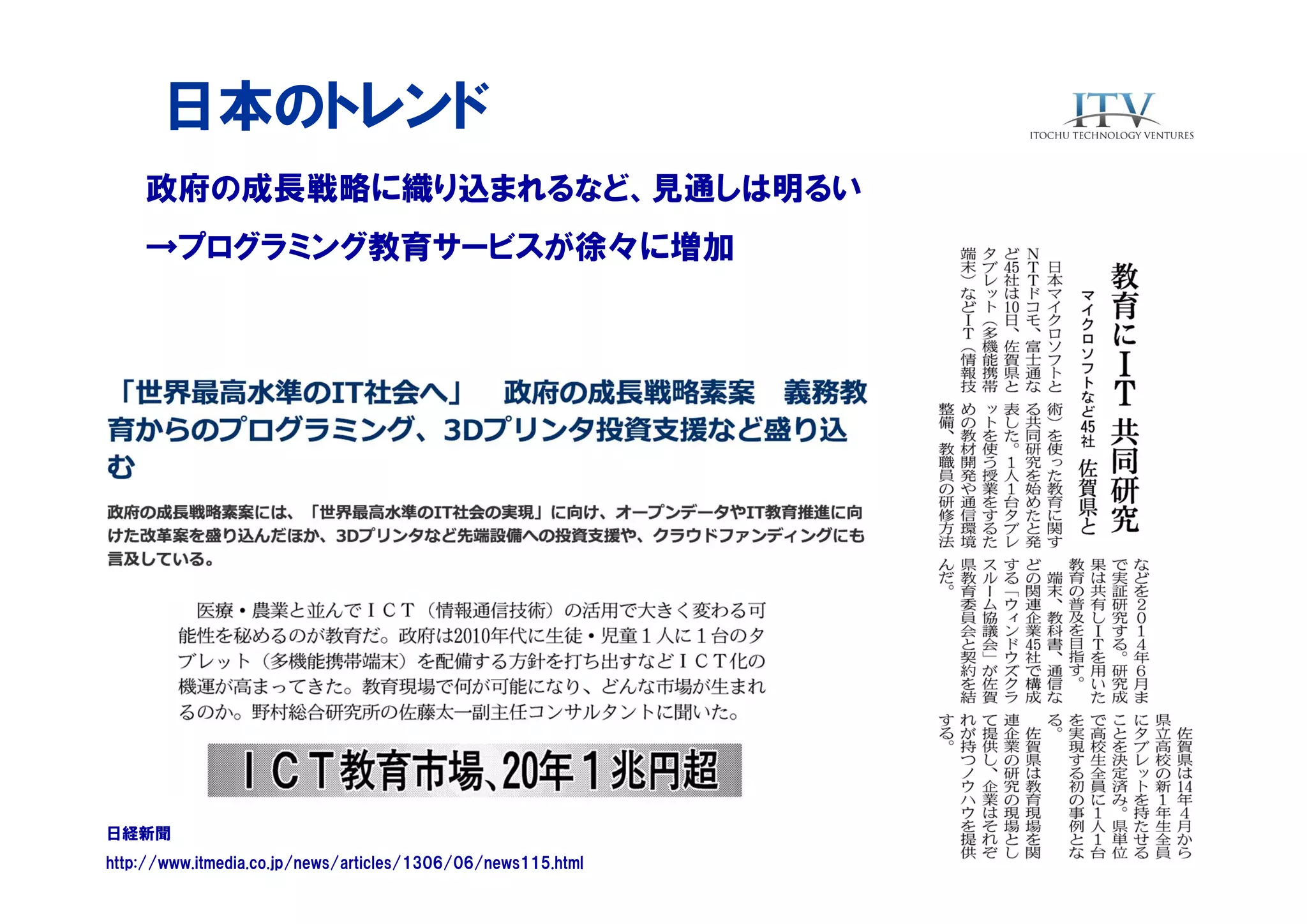 日本のトレンド
政府の成長戦略に織り込まれるなど、見通しは明るい
→プログラミング教育サービスが徐々に増加

日経新聞
http://www.itmedia.co.jp/news/articles/1306/06/news115.html

 