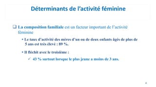 Déterminants de l’activité féminine
 La composition familiale est un facteur important de l’activité
féminine
 Le taux d...