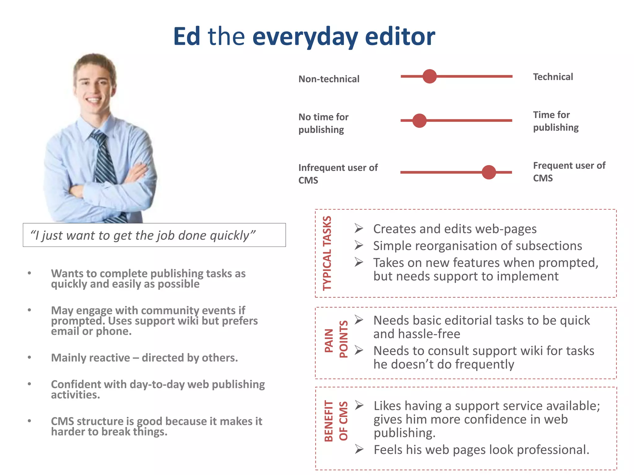 Ed the everyday editor 
• Wants to complete publishing tasks as 
quickly and easily as possible 
• May engage with community events if 
prompted. Uses support wiki but prefers 
email or phone. 
• Mainly reactive – directed by others. 
• Confident with day-to-day web publishing 
activities. 
• CMS structure is good because it makes it 
harder to break things. 
Technical 
Time for 
publishing 
Frequent user of 
CMS 
Non-technical 
No time for 
publishing 
Infrequent user of 
CMS 
 Creates and edits web-pages 
 Simple reorganisation of subsections 
 Takes on new features when prompted, 
but needs support to implement 
TYPICAL TASKS 
 Needs basic editorial tasks to be quick 
and hassle-free 
 Needs to consult support wiki for tasks 
he doesn’t do frequently 
PAIN 
POINTS 
 Likes having a support service available; 
gives him more confidence in web 
publishing. 
 Feels his web pages look professional. 
BENEFIT 
OF CMS 
“I just want to get the job done quickly” 
 