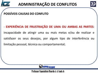 Professor Especialista Ricardo J. J. Laub Jr.
ADMINISTRAÇÃO DE CONFLITOS
POSSÍVEIS CAUSAS DO CONFLITO
- EXPERIÊNCIA DE FRUSTRAÇÃO DE UMA OU AMBAS AS PARTES:
incapacidade de atingir uma ou mais metas e/ou de realizar e
satisfazer os seus desejos, por algum tipo de interferência ou
limitação pessoal, técnica ou comportamental;
 