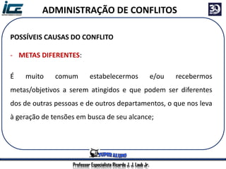 Professor Especialista Ricardo J. J. Laub Jr.
ADMINISTRAÇÃO DE CONFLITOS
POSSÍVEIS CAUSAS DO CONFLITO
- METAS DIFERENTES:
É muito comum estabelecermos e/ou recebermos
metas/objetivos a serem atingidos e que podem ser diferentes
dos de outras pessoas e de outros departamentos, o que nos leva
à geração de tensões em busca de seu alcance;
 