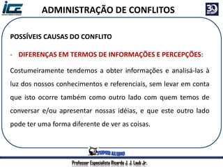 Professor Especialista Ricardo J. J. Laub Jr.
ADMINISTRAÇÃO DE CONFLITOS
POSSÍVEIS CAUSAS DO CONFLITO
- DIFERENÇAS EM TERMOS DE INFORMAÇÕES E PERCEPÇÕES:
Costumeiramente tendemos a obter informações e analisá-las à
luz dos nossos conhecimentos e referenciais, sem levar em conta
que isto ocorre também como outro lado com quem temos de
conversar e/ou apresentar nossas idéias, e que este outro lado
pode ter uma forma diferente de ver as coisas.
 