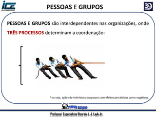 Professor Especialista Ricardo J. J. Laub Jr.
PESSOAS E GRUPOS são interdependentes nas organizações, onde
TRÊS PROCESSOS determinam a coordenação:
 COMPORTAMENTO PRÓ-SOCIAL (AJUDA)
 COOPERAÇÃO MÚTUA ENTRE INDIVÍDUOS E GRUPOS
 GRUPOS E CONFLITOS*
*ou seja, ações de indivíduos ou grupos com efeitos percebidos como negativos.
PESSOAS E GRUPOS
 
