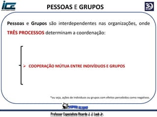 Professor Especialista Ricardo J. J. Laub Jr.
Pessoas e Grupos são interdependentes nas organizações, onde
TRÊS PROCESSOS determinam a coordenação:
 COMPORTAMENTO PRÓ-SOCIAL (AJUDA)
 COOPERAÇÃO MÚTUA ENTRE INDIVÍDUOS E GRUPOS
 GRUPOS E CONFLITOS*
*ou seja, ações de indivíduos ou grupos com efeitos percebidos como negativos.
PESSOAS E GRUPOS
 