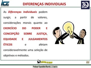 Professor Especialista Ricardo J. J. Laub Jr.
As Diferenças Individuais podem
surgir, a partir de valores,
considerações morais quanto ao
EXERCÍCIO DO PODER E
CONCEPÇÃO SOBRE JUSTIÇA,
EQUIDADE E JULGAMENTOS
ÉTICOS e afetam
consideravelmente uma seleção de
objetivos e métodos.
DIFERENÇAS INDIVIDUAIS
 