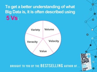 To get a better understanding of what
Big Data is, it is often described using
5 Vs:
Velocity
VolumeVariety
Veracity
Value
 