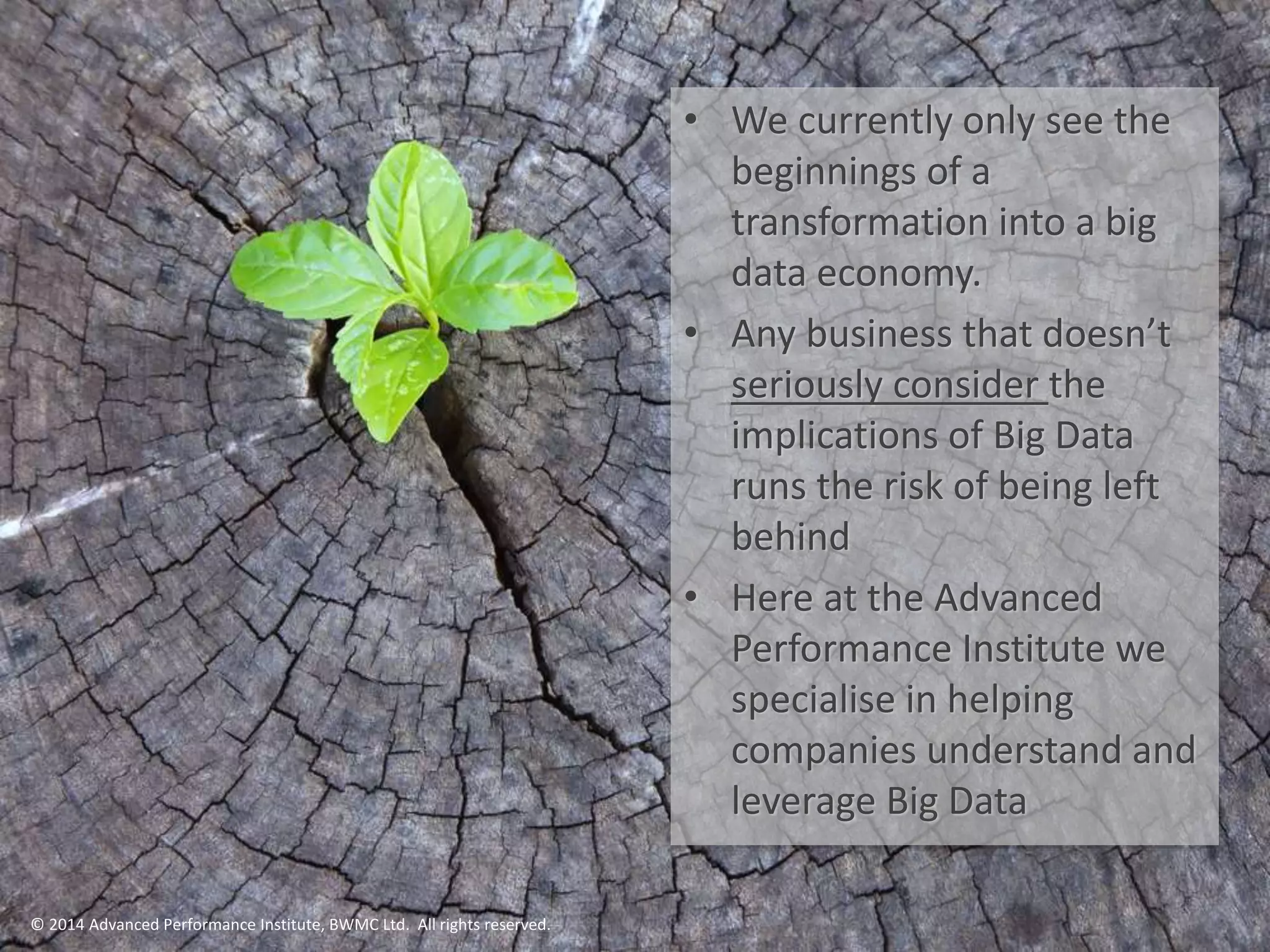 Volume…
…refers to the vast amounts of data generated
every second. We are not talking Terabytes but
Zettabytes or Brontobytes. If we take all the
data generated in the world between the
beginning of time and 2000, the same amount
of data will soon be generated every minute.
New big data tools use distributed systems so
that we can store and analyse data across
databases that are dotted around anywhere in
the world.
 