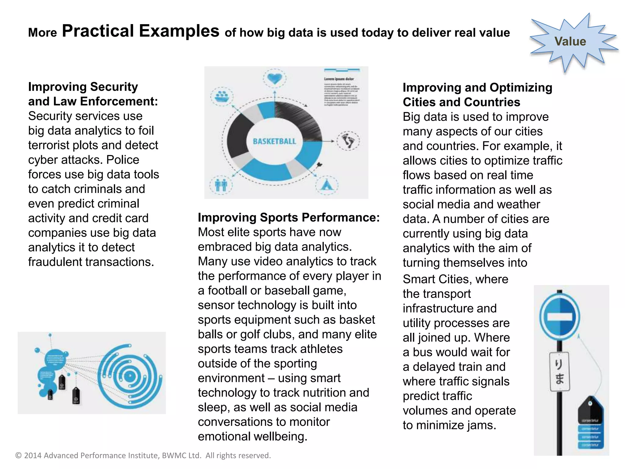 The Internet of Things
Data
We now have smart TVs that are able to collect
and process data, we have smart watches,
smart fridges, and smart alarms. The Internet
of Things, or Internet of Everything connects
these devices so that e.g. the traffic sensors on
the road send data to your alarm clock which
will wake you up earlier than planned because
the blocked road means you have to leave
earlier to make your 9am meeting…
.
 