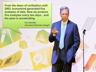 The basic idea behind the phrase
'Big Data' is that everything we do
is increasingly leaving a digital
trace (or data), which we (and
others) can use and analyse.
Big Data therefore refers to our
ability to make use of the ever-
increasing volumes of data.
 