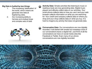 From the dawn of civilization until
2003, humankind generated five
exabytes of data. Now we produce
five exabytes every two days…and
the pace is accelerating.
Eric Schmidt,
Executive Chairman, Google
 