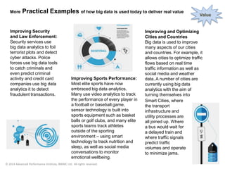 The Internet of Things
Data
We now have smart TVs that are able to collect
and process data, we have smart watches,
smart fridges, and smart alarms. The Internet
of Things, or Internet of Everything connects
these devices so that e.g. the traffic sensors on
the road send data to your alarm clock which
will wake you up earlier than planned because
the blocked road means you have to leave
earlier to make your 9am meeting…
.
 
