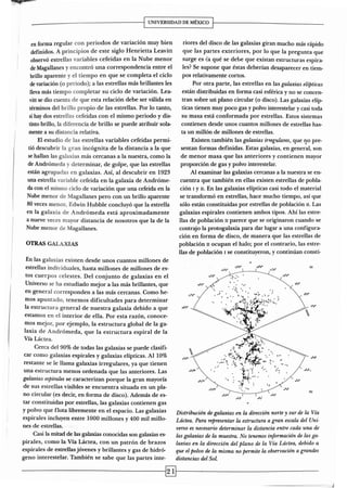 'q
----------------1 UNIVERSIDAD DE MÉXICO 1--------------__
Distribución de galaxias en la dirección norte y sur de la Vía
Láctea. Para representar la estructura a gran escala del Uni-
verso es necesario determinar la distancia entre cada una de
las galaxias de la muestra. No tenemos información de las ga-
laxias en la dirección del plano de la Vía Láctea, debido a
que el polvo de la misma no permite la observación a grandes
distancias del Sol.
riores del disco de las galaxias giran mucho más rápido
que las partes exteriores, por lo que la pregunta que
surge es ¿a qué se deLe que existan estructuras espira-
les? Se supone que éstas deberían desaparecer en tiem-
pos relativamente cortos.
Por otra parte, las estrellas en las galaxias elípticas
están distribuidas en forma casi esférica y no se concen-
tran sobre uri plano circular (o disco). Las galaxias elíp-
ticas tienen muy poco gas y polvo interestelar y casi toda
su masa está conformada por estrellas. Estos sistemas
contienen desde unos cuantos millones de estrellas has-
ta un millón de millones de estrellas.
Existen también las galaxias irregulares, que ~o pre-
sentan formas definidas. Estas galaxias, en general, son
de menor masa que las anteriores y contienen mayor
proporción de gas y polvo interestelar.
Al examinar las galaxias cercanas a la nuestra se en-
cuentra que también en ellas existen estrellas de pobla-
ción 1 y n. En las galaxias elípticas casi todo el material
se transformó en estrellas, hace mucho tiempo, así que
sólo están constituidas por estrellas de población n. Las
galaxias espirales contienen ambos tipos. Ahí las estre-
llas de población n parece que se originaron cuando se
contrajo la protogalaxia para dar lugar a una configura-
ción en forma de disco, de manera que las estrellas de
población n ocupan el halo; por el contrario, las estre-
llas de población 1 se constituyeron, y continúan consti-
.0.,8
7'0·
(.)
(b)
.. ".
.............
...H.. "..
'':~.~''':''
--.r.-..,~. .....,";:'¡ . ...
> "
.::'~..~~. t.:~('. '.'..-.. -:... ;. '~r-- l" ...
.' ...:,. :~~··;"f ..'
~,.. " .
..." .
.~ . ':
'.'
'. . :~ '.
..'
en forma regular con periodos de variación muy bien
definidos. A principios de este siglo Henrietta Leavitt
observó estrellas variables cefeidas en la Nube menor
de Magallanes y encontró una correspondencia entre el
brillo aparente y el tiempo en que se completa el ciclo
de variación (o periodo); a las estrellas más brillantes les
lleva más tiempo completar su ciclo de variación. Lea-
vitt se dio cuenta de que esta relación debe ser válida en
términos del brillo propio de las estrellas. Por lo tanto,
si hay dos estrellas cefeidas con el mismo periodo y dis-
tinto brillo, la diferencia de brillo se puede atribuir sola-
mente a su distancia relativa.
El estudio de las estrellas variables cefeidas permi-
tió descubrir la gran incógnita de la distancia a la que
se hallan las galaxias más cercanas a la nuestra, como la
de Andrómeda y determinar, de golpe, que las estrellas
están agrupadas en galaxias. Así, al descubrir en 1923
una estrella variable cefeida en la galaxia de Andróme-
da con el mismo ciclo de variación que una cefeida en la
Nube menor de Magallanes pero con un brillo aparente
80 veces menor, Edwin Hubble concluyó que la estrella
en la galaxia de Andrómeda está aproximadamente
a nueve veces mayor distancia de nosotros que la de la
Nube menor de Magallanes.
OTRAS GALAXIAS
En las galaxias existen desde unos cuantos millones de
estrellas individuales, hasta millones de millones de es-
tos cuerpos celestes. Del conjunto de galaxias en el
Universo se ha estudiado mejor a las más brillantes, que
en general corresponden a las más cercanas. Como he-
mos apuntado, tenemos dificultades para determinar
la estructura general de nuestra galaxia debido a que
estamos en el interior de ella. Por esta razón, conoce-
mos mejor, por ejemplo, la estructura global de la ga-
laxia de Andrómeda, que la estructura espiral de la
Vía Láctea.
Cerca del 90% de todas las galaxias se puede clasifi-
car como galaxias espirales y galaxias elípticas. Al 10%
restante se le llama galaxias irregulares, ya que tienen
una estructura menos ordenada que las anteriores. Las
galaxias espirales se caracterizan porque la gran mayoría
de sus estrellas visibles se encuentra situada en un pla-
no circular (es decir, en forma de disco). Además de es-
tar constituidas por estrellas, las galaxias contienen gas
y polvo que flota libremente en el espacio. Las galaxias
espirales incluyen entre 1000 millones y 400 mil millo-
nes de estrellas.
Casi la mitad de las galaxias conocidas son galaxias es-
pirales, como la Vía Láctea, con un patrón de brazos
espirales de estrellas jóvenes y brillantes y gas de hidró-
geno interestelar. También se sabe que las partes inte-
- - - - - - - - - - - - [ i ] f - - - - - - - - - - - - -
 