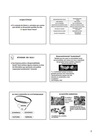 2 
O QUE É ÉTICA? 
É o conjunto de Valores e princípios que usamos 
para decidir as três grandes questões da vida: 
Quero? Devo? Posso? 
IRRESPONSABILIDADE SOCIAL RESPONSABILIDADE 
SOCIAL 
Visão individual Visão coletiva 
Foco na competição Foco na solidariedade 
Esquecimento dos problemas sociais Atenção aos problemas sociais 
Prática de comportamentos anti‐éticos Prática de comportamentos éticos 
Alienação da realidade Participação e clareza 
do cenário 
Empobrecimento do caráter Valorização do caráter 
Geração de desigualdades Diminuição das 
desigualdades 
ATIVIDADE EM SALA I 
Sua Empresa pratica a Responsabilidade 
Social? Você conhece alguma empresa na área 
de Informática que apresenta uma prática 
responsável socialmente? Comente 
Desenvolvimento? Sustentável? 
“Modelo que visa suprir as necessidades atuais 
da humanidade, sem colocar em risco a capacidade 
das gerações futuras também o fazerem.” 
Relatório Brundtland, 1987 
“[...] ‘sustentável’ porque as futuras 
gerações precisam viver neste planeta, 
‘desenvolvimento’ porque elas não 
deverão ser condenadas a viver 
na pobreza.” 
John Elkington, 2001 
AS CINCO DIMENSÕES DA SUSTENTABILIDADE 
SOCIAL 
ECOLÓGICA 
ECONÔMICA 
CULTURAL ESPACIAL 
AS QUESTÕES AMBIENTAIS 
Os prédios e 
sua relação 
com o espaço 
urbano 
O desafio do Brasil na 
solução do lixo das cidades 
Adotar a prática dos quatro 
Rs. 
O problema dos remédios 
na natureza 
 