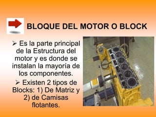 BLOQUE DEL MOTOR O BLOCK
 Es la parte principal
de la Estructura del
motor y es donde se
instalan la mayoría de
los componentes.
 Existen 2 tipos de
Blocks: 1) De Matriz y
2) de Camisas
flotantes.
 