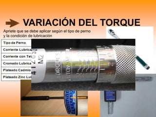 VARIACIÓN DEL TORQUE
Apriete que se debe aplicar según el tipo de perno
y la condición de lubricación
 