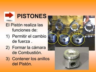 PISTONES
El Pistón realiza las
funciones de:
1) Permitir el cambio
de fuerza .
2) Formar la cámara
de Combustión.
3) Contener los anillos
del Pistón.
 