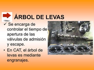  Se encarga de
controlar el tiempo de
apertura de las
válvulas de admisión
y escape.
• En CAT, el árbol de
levas es mediante
engranajes.
ÁRBOL DE LEVAS
 